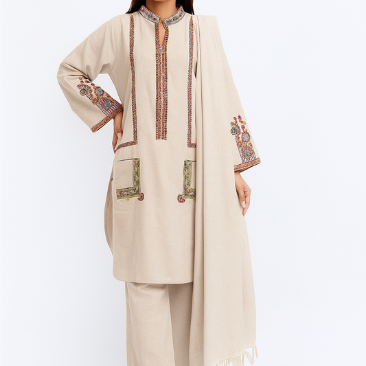 3pc  Embroidered hand woven jute khaddar