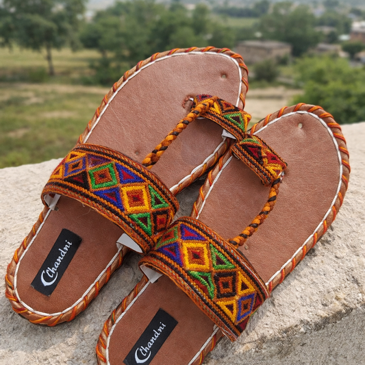 Handmade embroidered Brown Multi kolhapuri women
