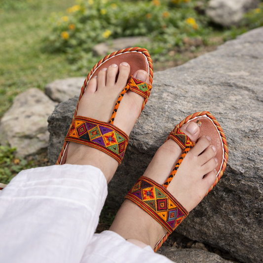 Handmade embroidered Brown Multi kolhapuri women