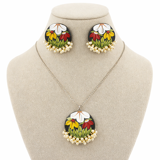 polymer clay floral flower  necklace  and earrings set