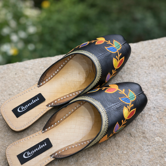 Black Backless Hand Painted  Khussa