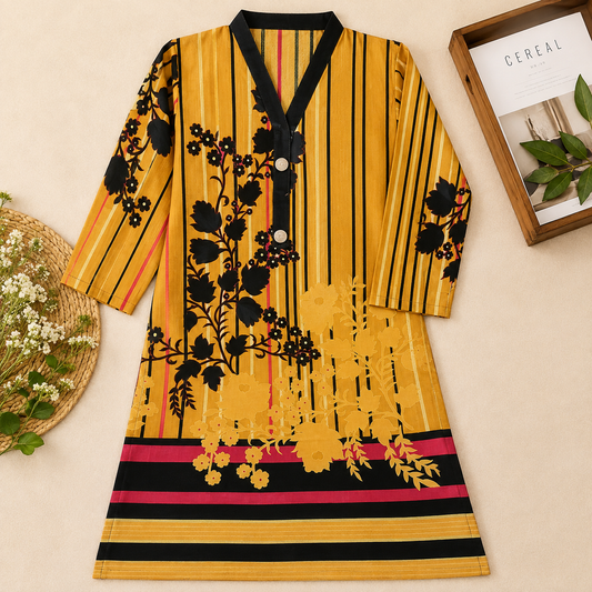 YELLOW PRINTED  KHADDAR SHIRT
