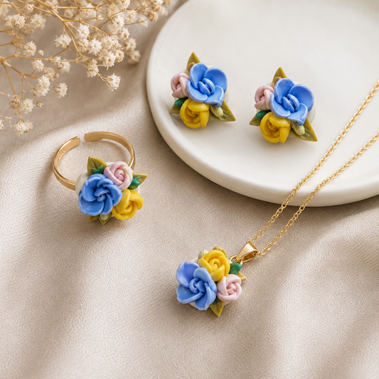 polymer clay light colour multi ring,pendant and studs set
