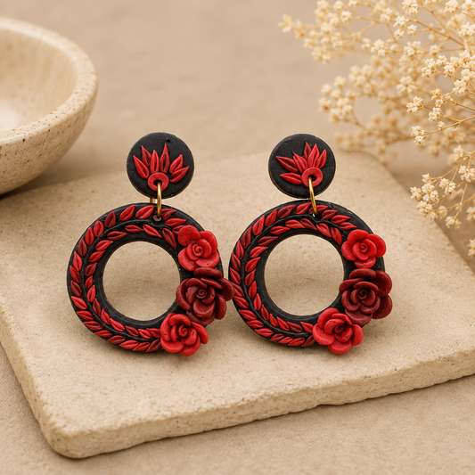 polymer clay red and  black hoop earrings