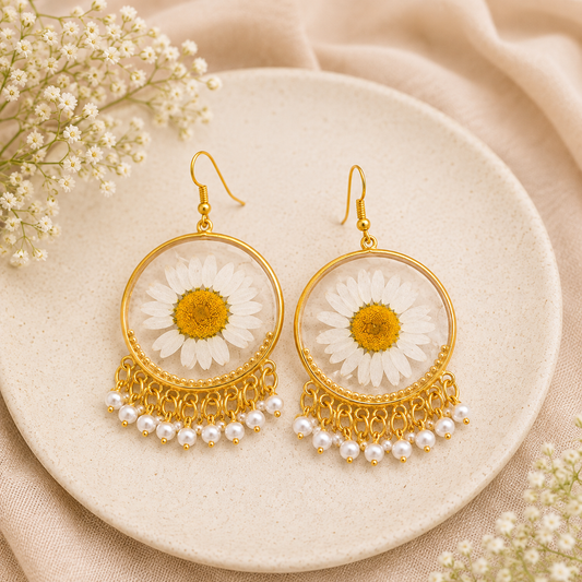 White Daisy  Preserve Jhumka Earrings