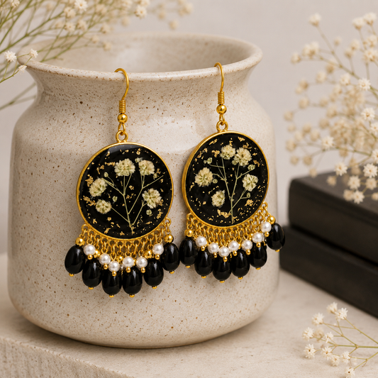 Baby Breaths Flower Black Pearls Hanging Earrings