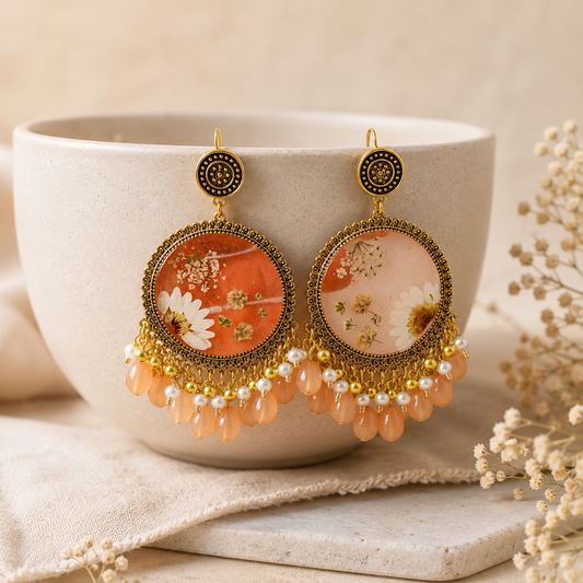 White Flower Peach Beads Jhumka