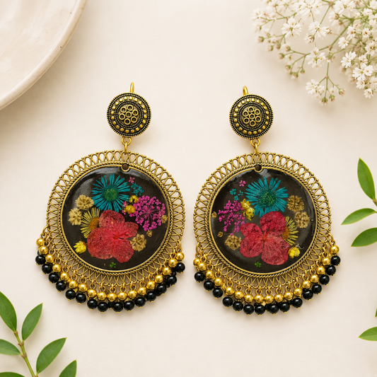 MULTI FLOWER BLACK BASE JHUMKA EARRINGS