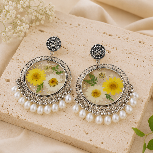 YELLOW WHITE  DAISY  FLOWER JHUMKA  EARRINGS