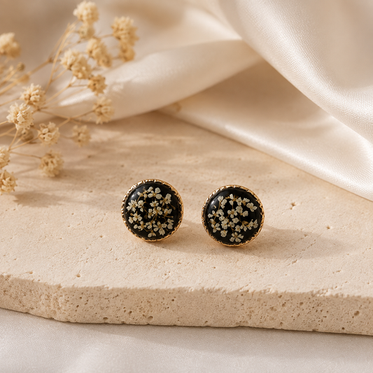 WHITE ANALACE FLOWER BLACK  EAR STUDS