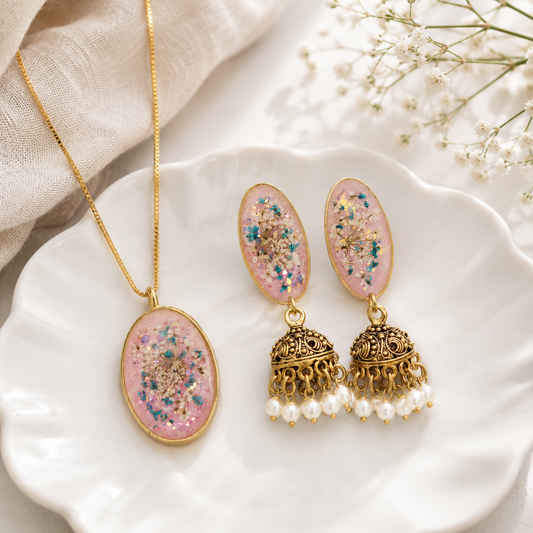 Multi Analace  Flower Pink Base Oval  Pendant  and Jhumki Earrings