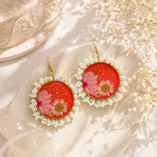 White Pearls Round Flower  Preserve Jhumka Earrings