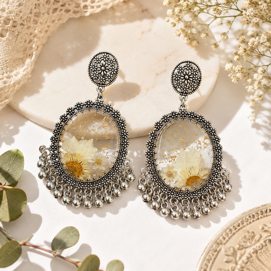 White Flower Transparent Oval Jhumka