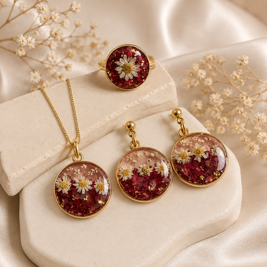 Flower Rose Round Pendant, Ring And Earring Set