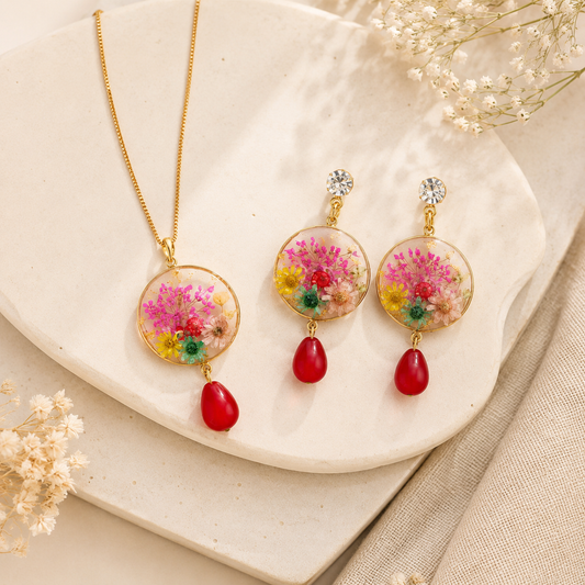 Multi Flower Round  Pendant and Earring Set