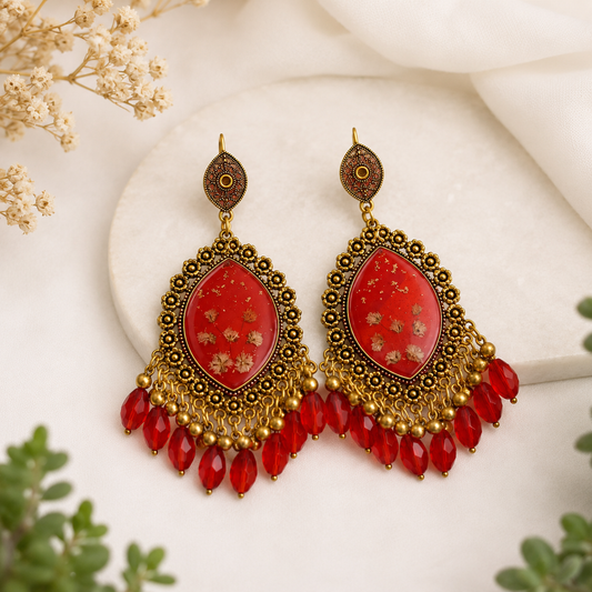 BABY BREATH FLOWER RED LEAF  EARRINGS