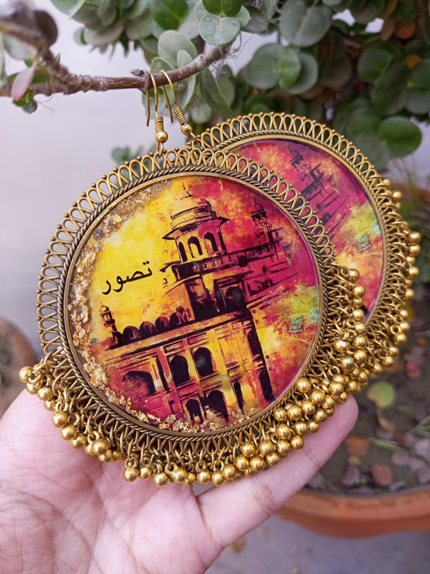 Resin  Taswar Painting  Over Size Earrings