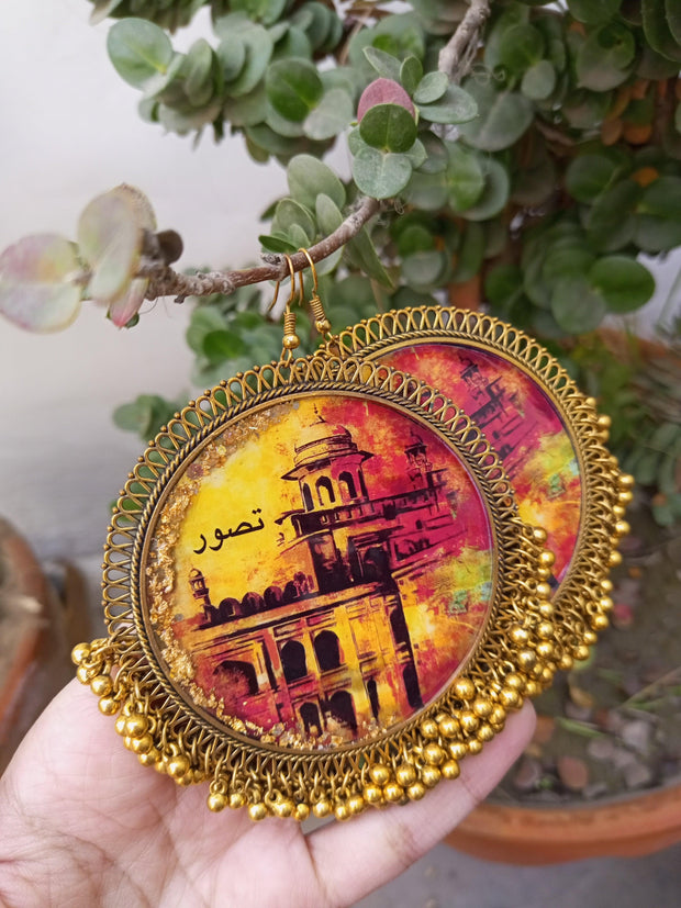 Resin  Taswar Painting  Over Size Earrings