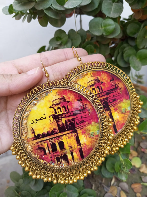 Resin  Taswar Painting  Over Size Earrings