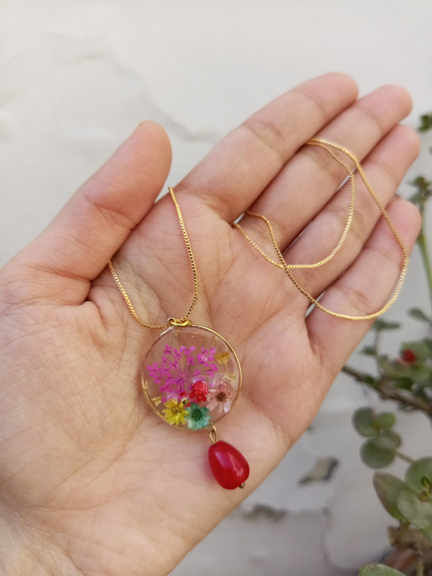 Flat Pressed Resin Preserved Multi Flower Round  Pendant and Earring Set