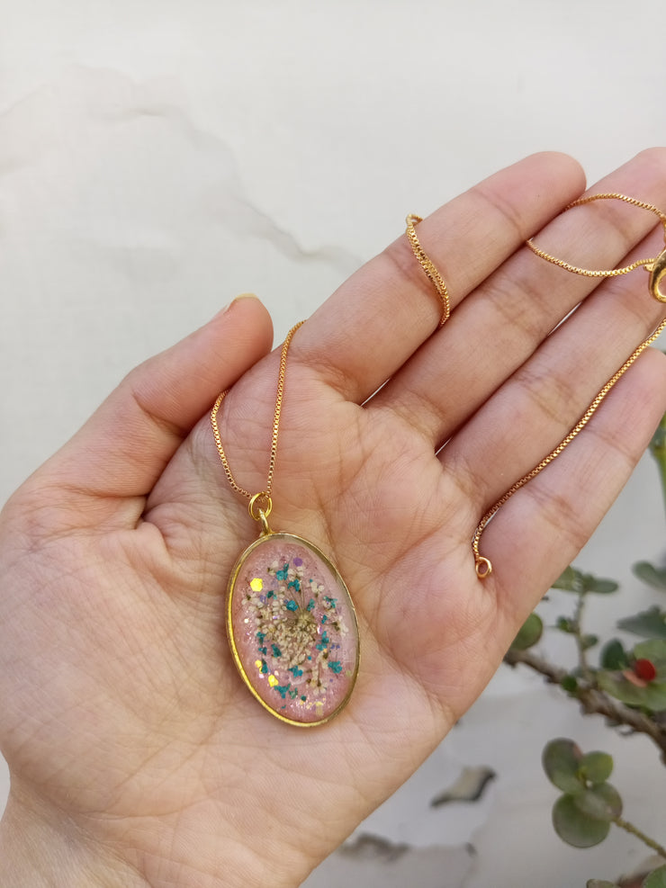 Flat Pressed Resin Preserved Multi Analace  Flower Pink Base Oval   Pendant