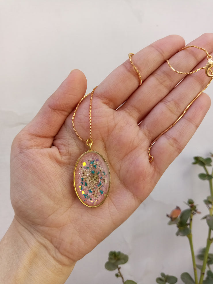 Flat Pressed Resin Preserved Multi Analace  Flower Pink Base Oval   Pendant