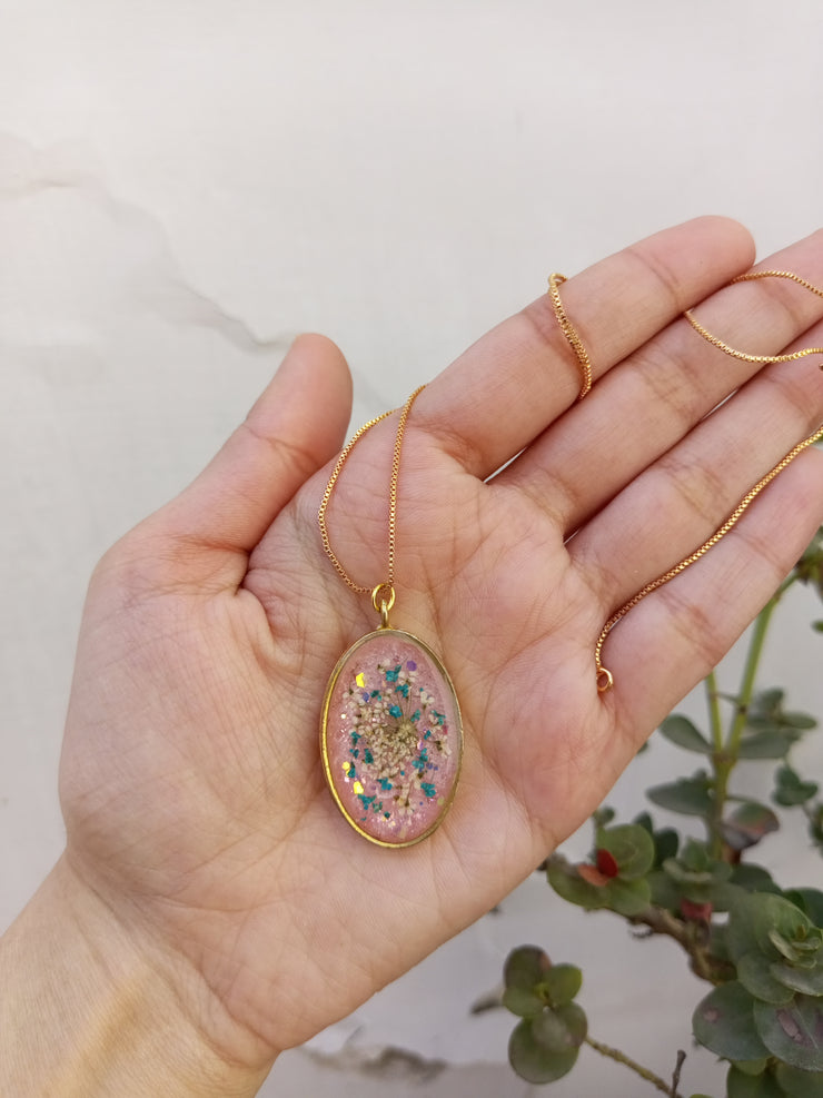 Flat Pressed Resin Preserved Multi Analace  Flower Pink Base Oval   Pendant