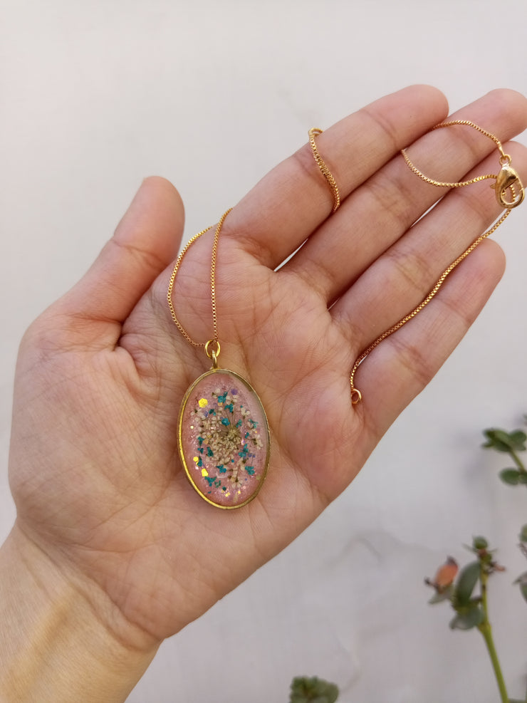 Flat Pressed Resin Preserved Multi Analace  Flower Pink Base Oval   Pendant