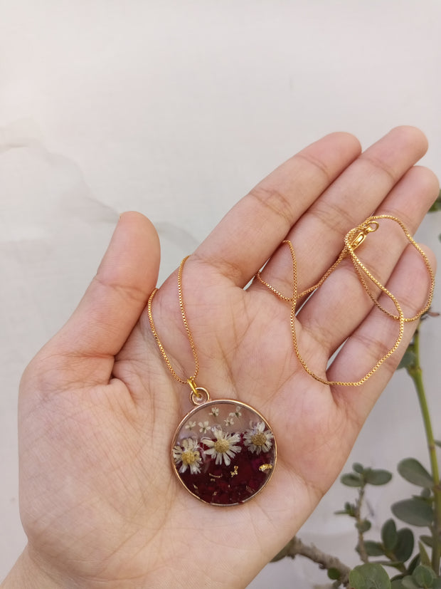 Flat Pressed Resin Preserved Fresh Petal Charms Epoxy Dried Flower Rose Round Pendant,Ring And Earring Set