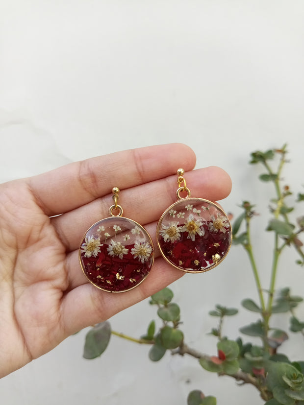 Flat Pressed Resin Preserved Fresh Petal Charms Epoxy Dried Flower Rose Round  Earrings