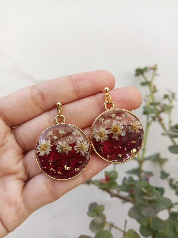 Flat Pressed Resin Preserved Fresh Petal Charms Epoxy Dried Flower Rose Round Pendant,Ring And Earring Set