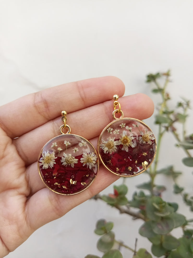 Flat Pressed Resin Preserved Fresh Petal Charms Epoxy Dried Flower Rose Round Pendant,Ring And Earring Set