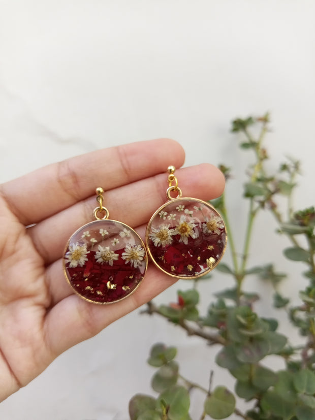Flat Pressed Resin Preserved Fresh Petal Charms Epoxy Dried Flower Rose Round Pendant,Ring And Earring Set
