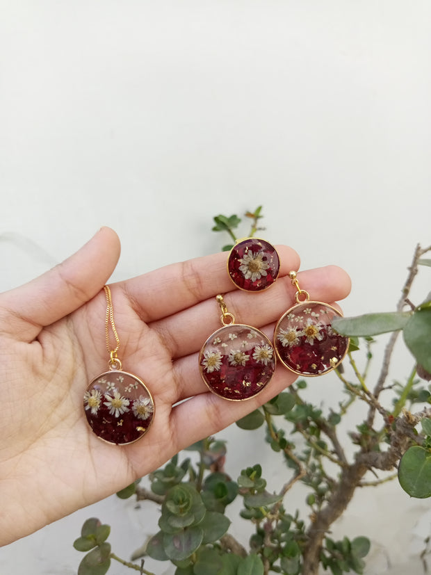 Flat Pressed Resin Preserved Fresh Petal Charms Epoxy Dried Flower Rose Round Pendant,Ring And Earring Set