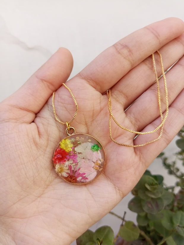 Flat Pressed Resin Preserved Multi  Flower Transparent Pendant and  Jhumka Set