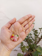Flat Pressed Resin Preserved Multi  Flower Transparent Pendant and  Jhumka Set