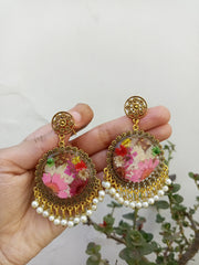 Flat Pressed Resin Preserved Multi  Flower Transparent Pendant and  Jhumka Set