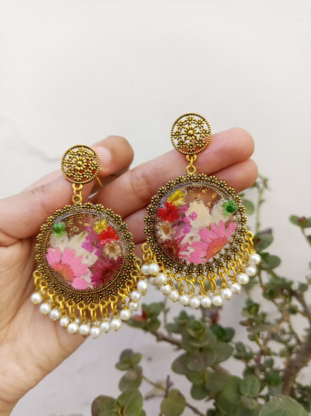 Flat Pressed Resin Preserved Multi  Flower Transparent Pendant and  Jhumka Set