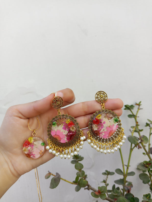 Flat Pressed Resin Preserved Multi  Flower Transparent Pendant and  Jhumka Set