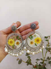 RESIN PRESERVED YELLOW WHITE  DAISY  FLOWER JHUMKA  EARRINGS