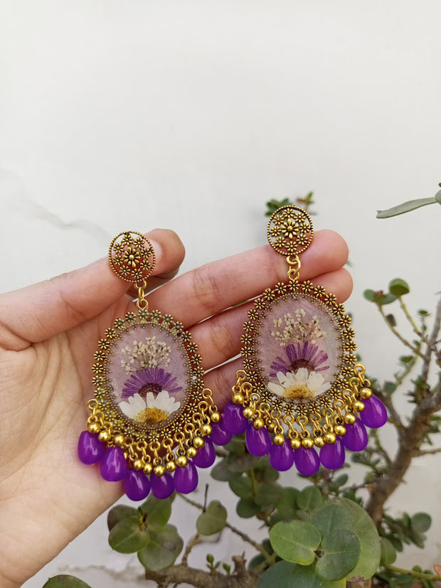 Resin Preserved  Oval  Purple Base Beads Jhumka Earrings
