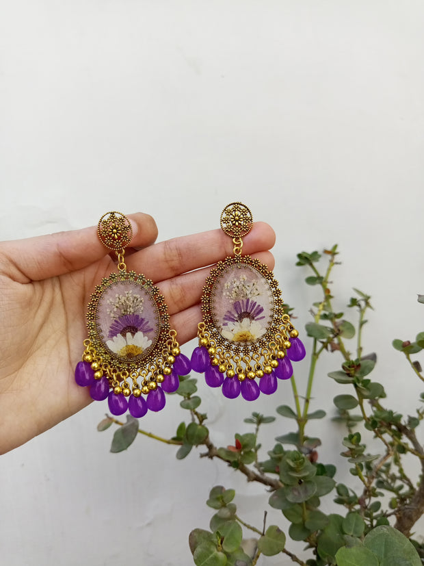 Resin Preserved  Oval  Purple Base Beads Jhumka Earrings