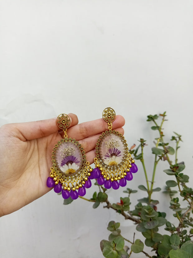Resin Preserved  Oval  Purple Base Beads Jhumka Earrings