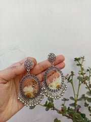 Flat Pressed Resin Preserved  White  Flower  Transparent Oval  Jhumka