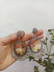 Flat Pressed Resin Preserved  White  Flower  Transparent Oval  Jhumka