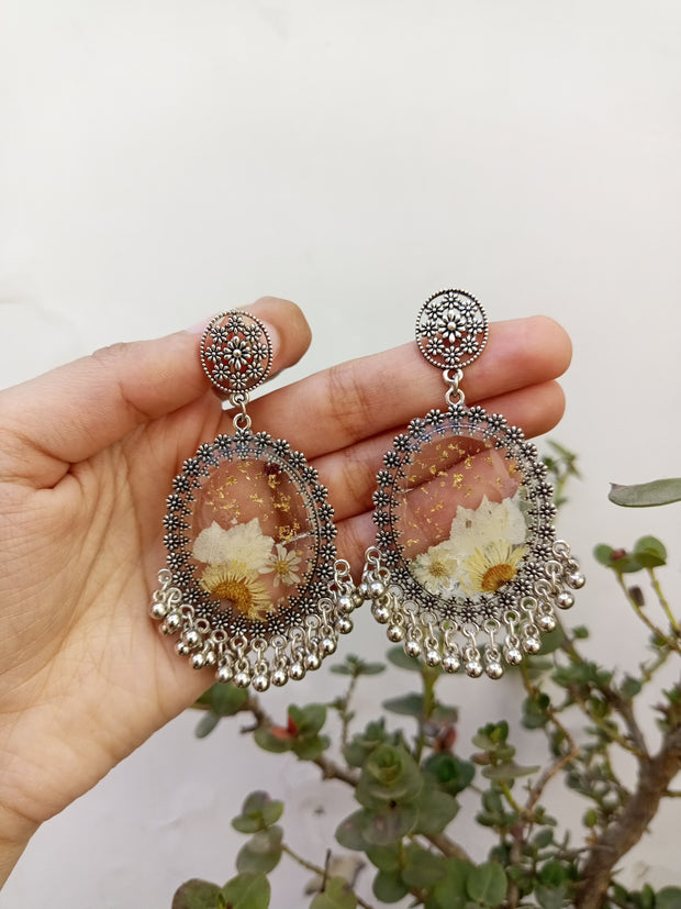 White Flower Transparent Oval Jhumka