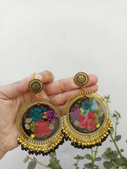RESIN PRESERVED MULTI   FLOWER BLACK BASE  JHUMKA  EARRINGS