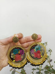 RESIN PRESERVED MULTI   FLOWER BLACK BASE  JHUMKA  EARRINGS