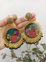 RESIN PRESERVED MULTI   FLOWER BLACK BASE  JHUMKA  EARRINGS