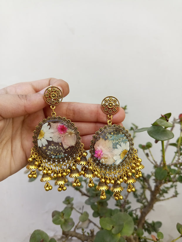 Flat Pressed Resin Preserved  Multi jhumkian with Flower  Jhumka